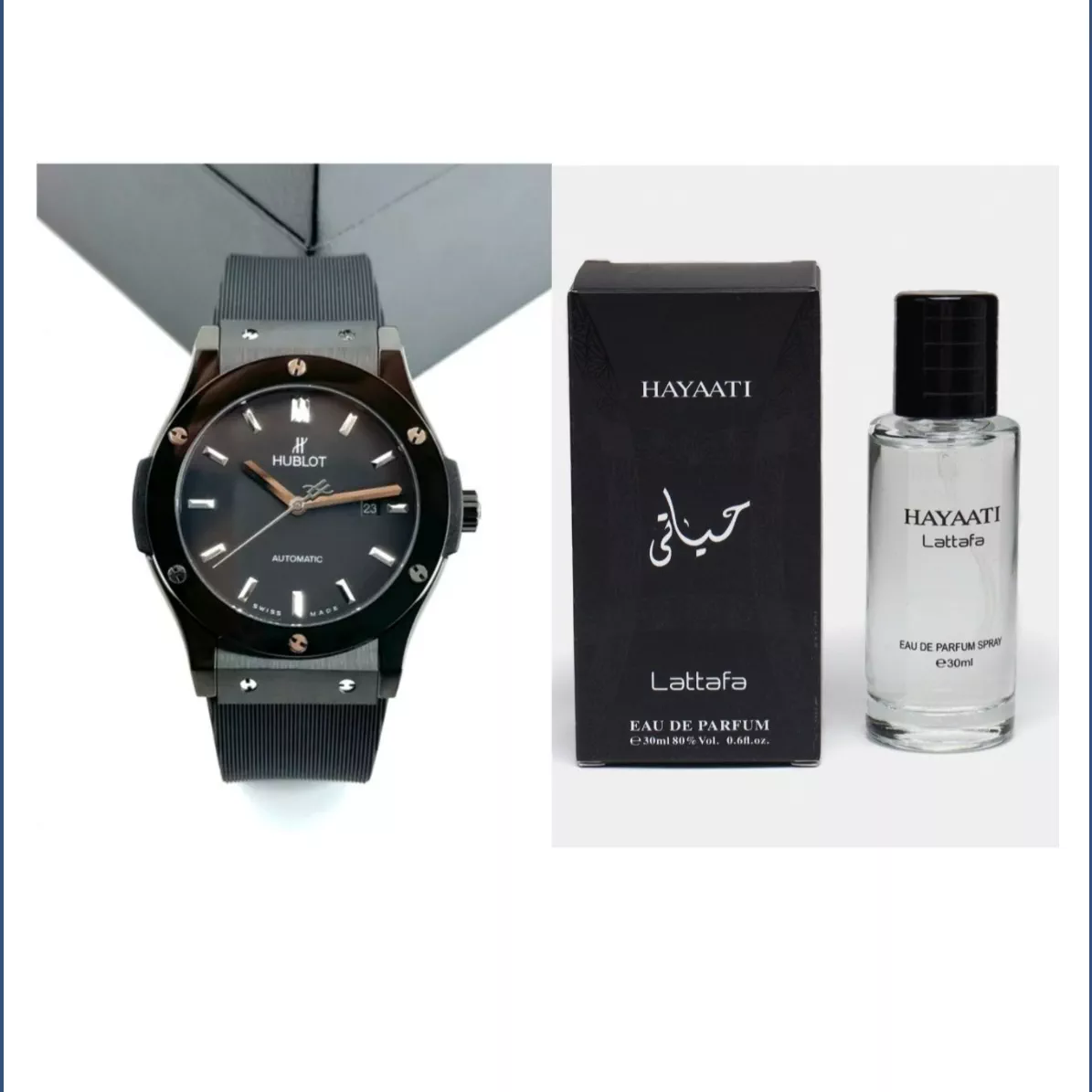 'Elegant Hublot Avtomatik Soati va Lattafa Hayaati Parfumi To'plami' rasmi