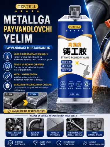 'METALLGA PAYVANDLOVCHI YELIM – Mustahkam va Ishonchli Yechim! Endi payvandlash uskunasisiz ham kuchli ta'mirlash!' rasmi